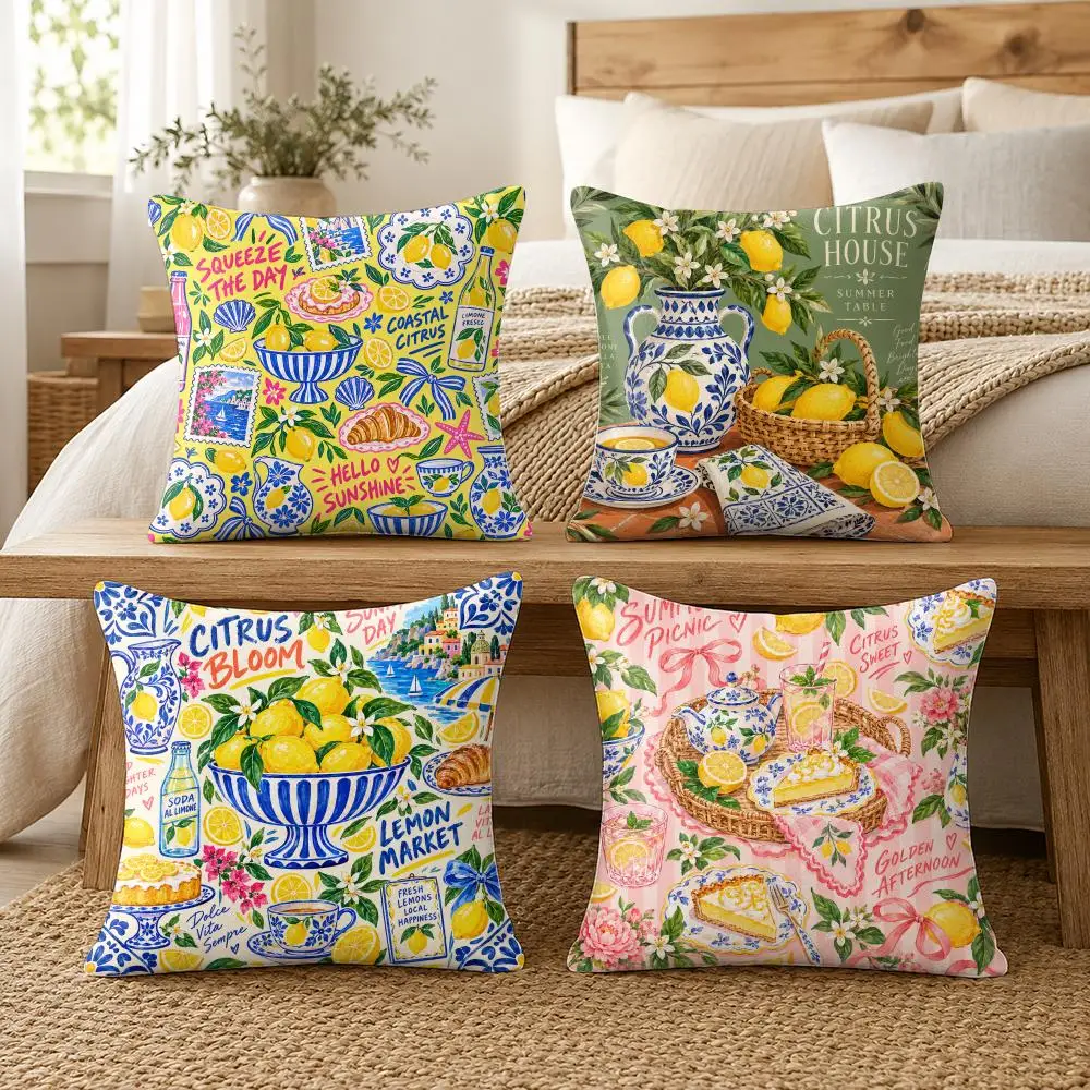 Lemon Tea Cake Fruit Print Summer Cushion Cover Soft Pillow Cases Hidden Zipper Cutecore Sofa Bedroom Home Decor Gift