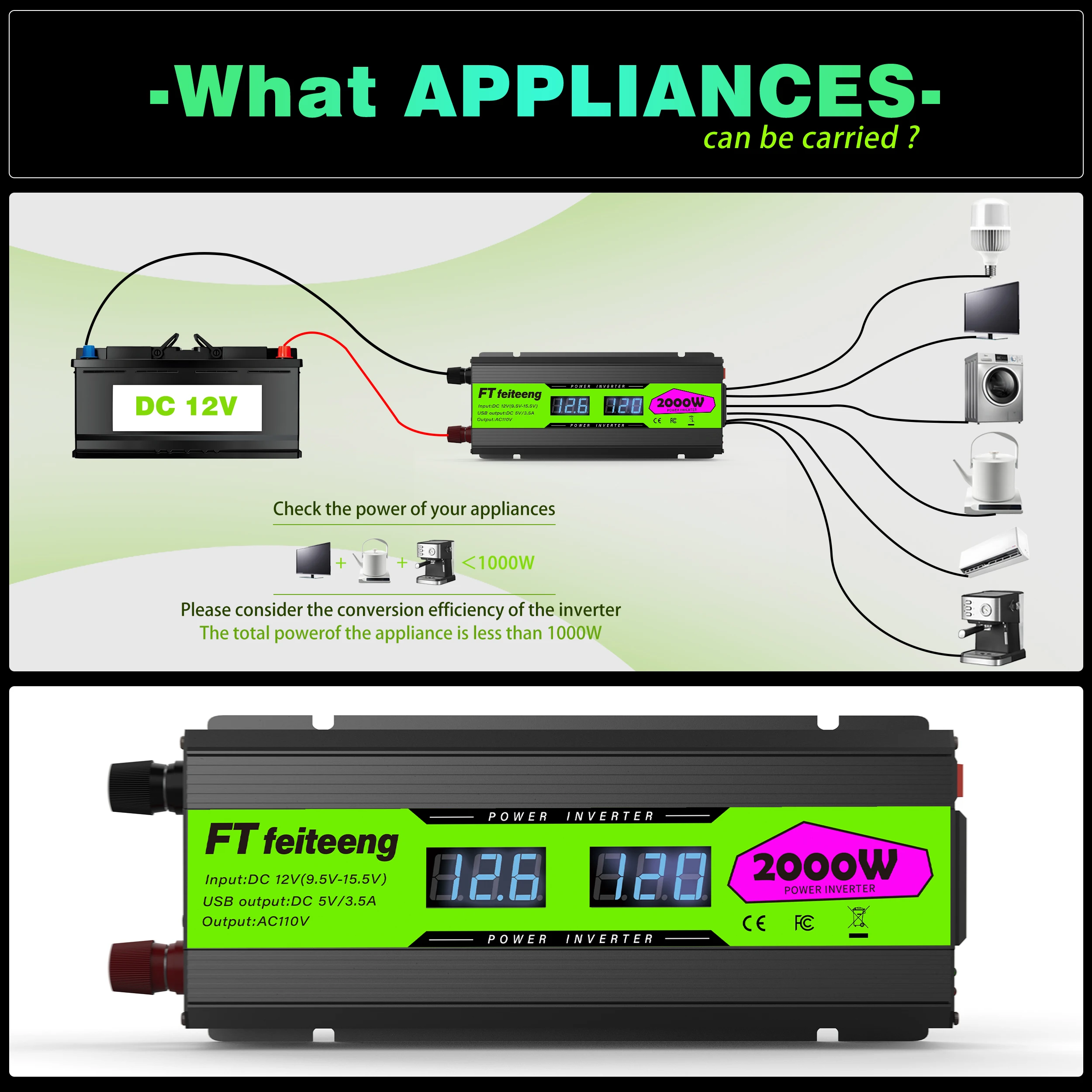 2000W/1000W/500W Power Inverter 12V to 110V with Dual AC Outlets Fast USB for RV Solar Off Grid Camping Emergency