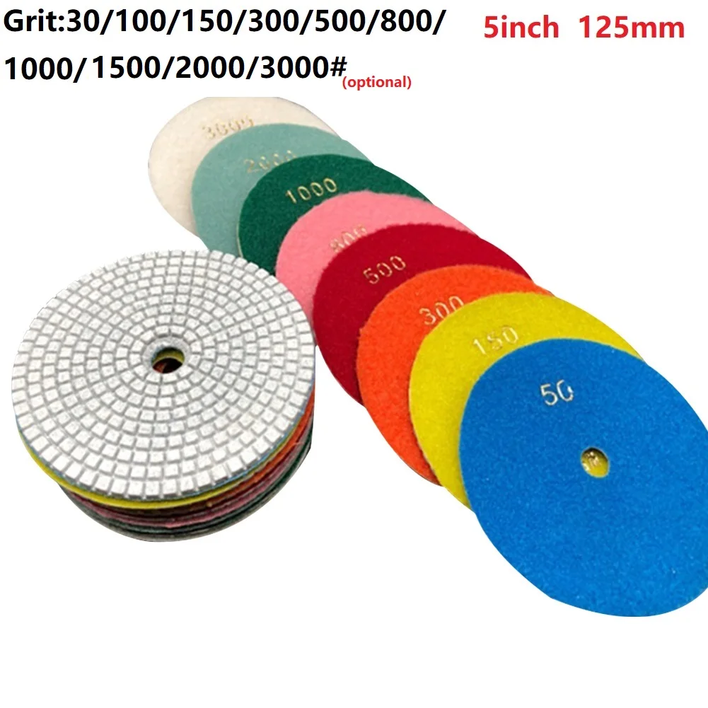 Seco ou Molhado Diamante Polimento Almofadas Discos de Moagem Flexíveis Granito Mármore Pedra 125 mm 30 100 150 300 500 800 1000 Grãos