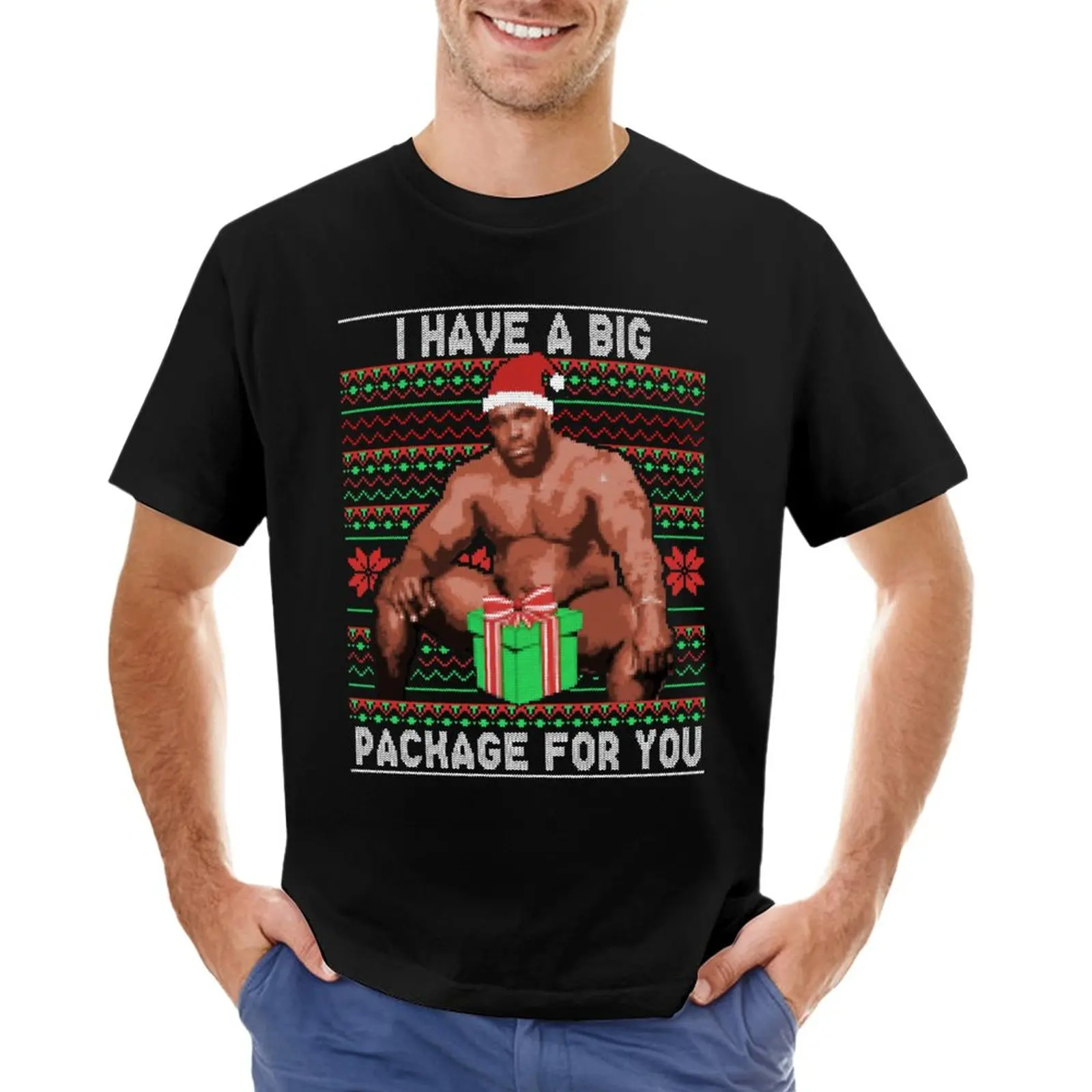 Barry Sitting On a Bed Big Package Ugly Christmas Sweater T-Shirt heavyweight t shirts plus size t shirts mens clothes