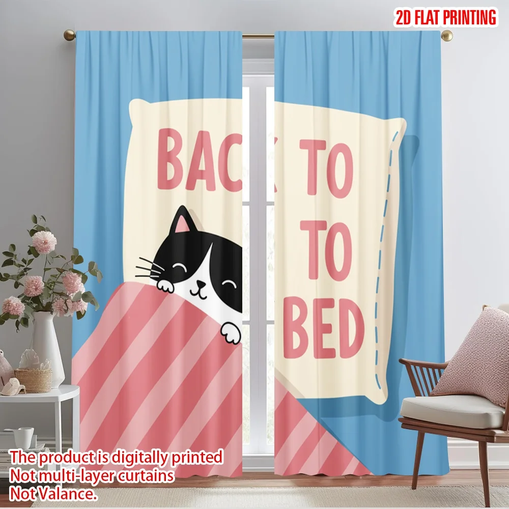

2pcs 2D flat printing Window Drapes Cute Cat Back To Bed 100% Polyester Without Electricity Holiday Decorations Use for General