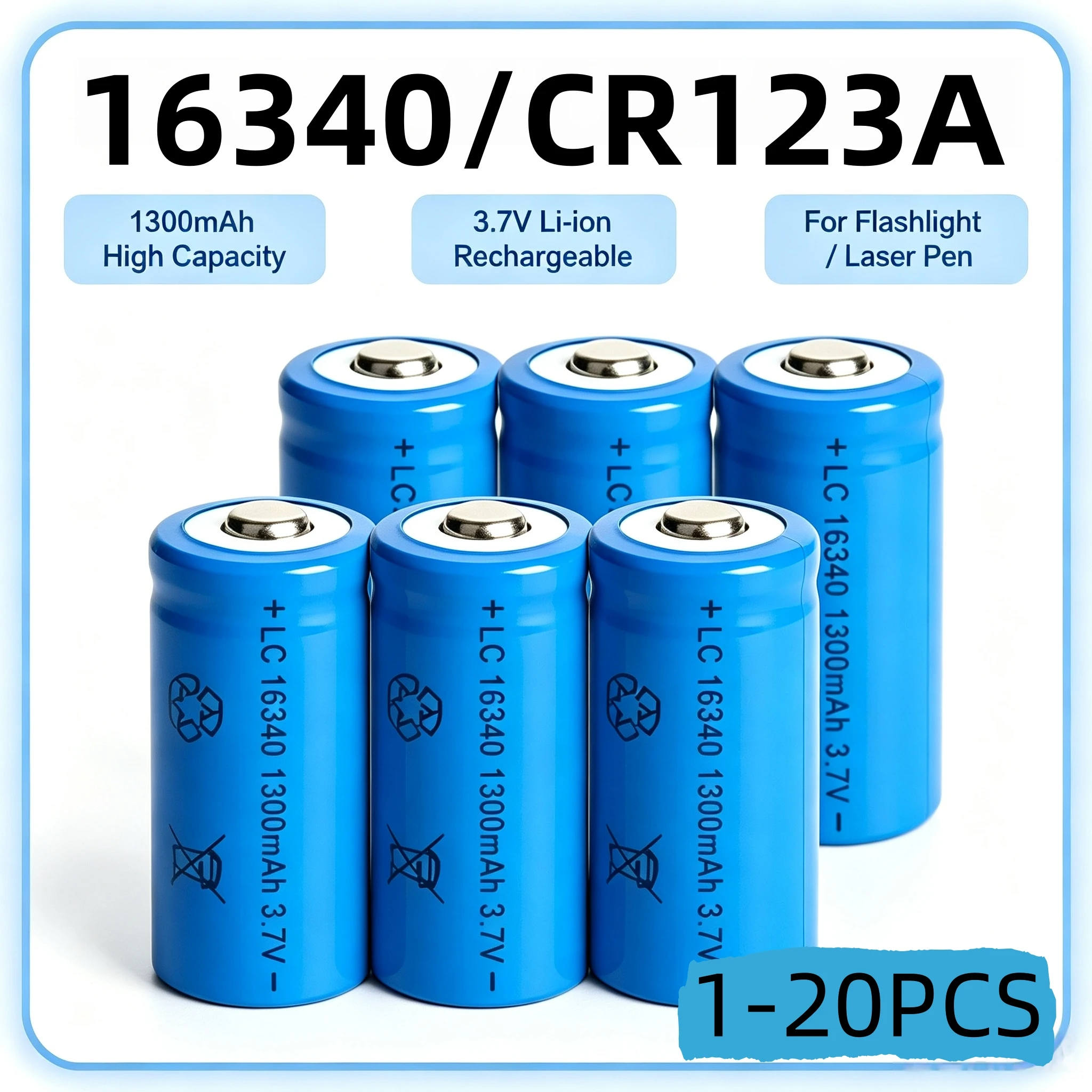 1-20PCS 16340 CR123A 3,7V 1300mAh Li-Ion-Akkus und für LED-Taschenlampe, Laserstift/16340 CR123A-Akku