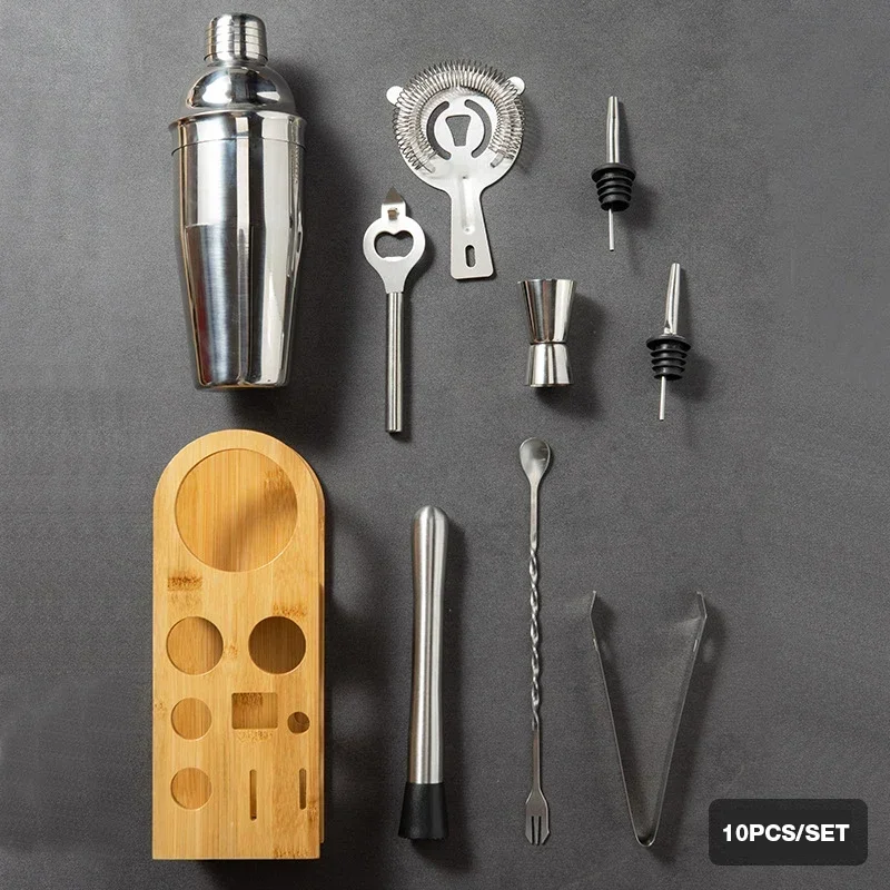 Professional Barware Tools Wooden Stand Bag Travel Gift Stainless Steel Bartender Kit Bar Accessories Cocktail Shaker Set