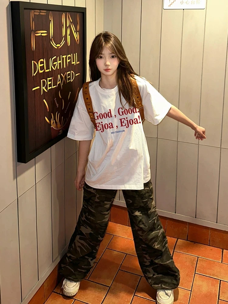 American Style Heavyweight Pure Cotton Letter Short Sleeve T-Shirt Loose Couple Size Large 240 Pounds Women's Casual Wear