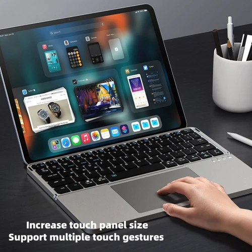 Imagen 2 del producto 2 en 1 teclado Bluetooth plegable tableta portátil teclado táctil externo Funda de cuero soporte portátil