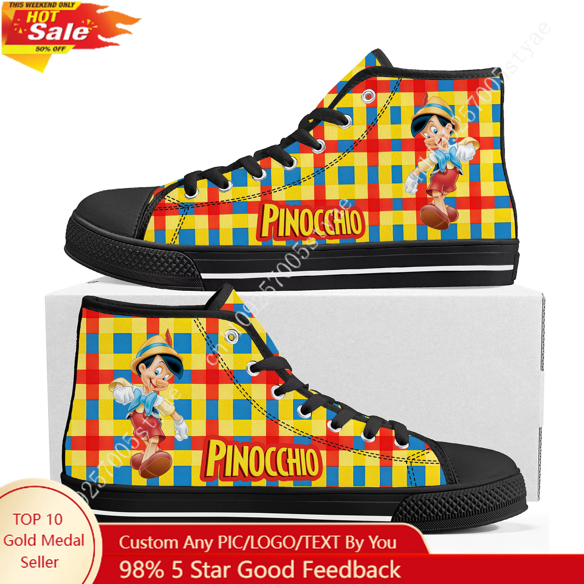 

Pinocchio High Top Sneakers Disney Cartoon Movie DIY Decorate Shoes Design Your Logo Photo Texts Party Holiday Gifts Custom Shoe