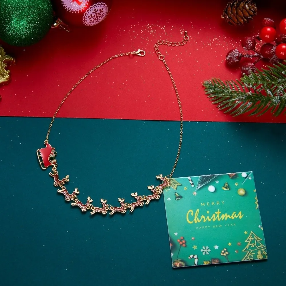 Creative Christmas Pendant Necklace Adjustable Length Handmade Reindeer Bracelet Colorful Enamel Rhinestone Sleigh Pendant