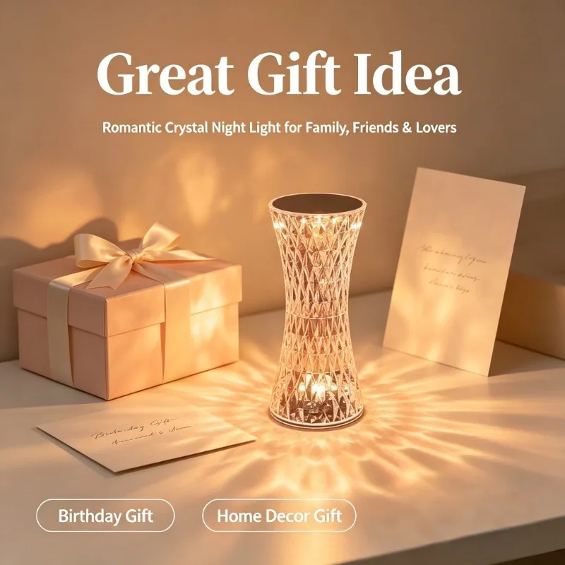 Luxury Crystal Table Lamp, LED Bedside Night Light for Bedroom Living Room Romantic Home Decor