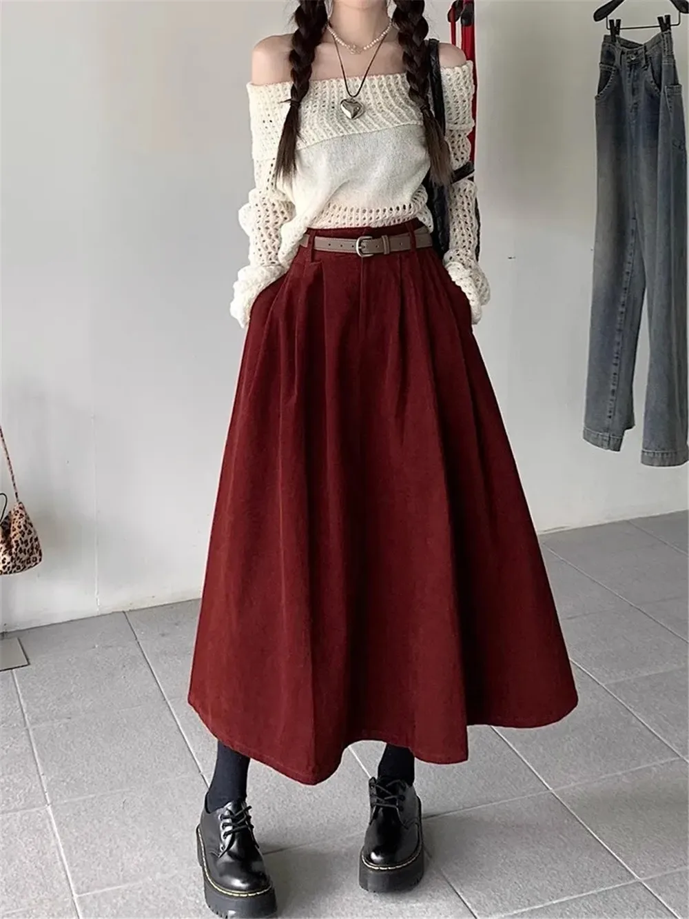 Jupe longue plissée en velours côtelé pour femme, jupe trapèze vintage, poches, patchwork, taille haute, streetwear coréen, printemps, hiver,