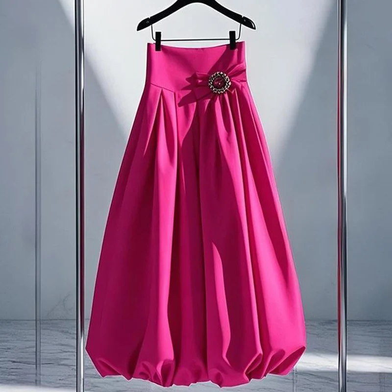 ฤดูใบไม้ร่วงแฟชั่นดอกไม้สีทึบเอวสูง A-Line กระโปรงหญิงอารมณ์จีบหลวมยืดหยุ่นเอวปุ่มจีบกระโปรง