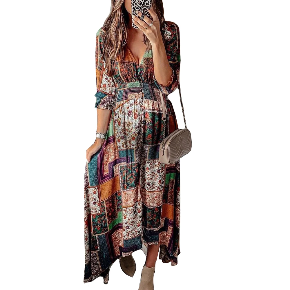 فستان شاطئ للأمهات لالتقاط الصور بوهو مرقع بأكمام طويلة فستان ماكسي برقبة على شكل V ملابس الحمل ملابس استحمام الطفل للتصوير الفوتوغرافي #1