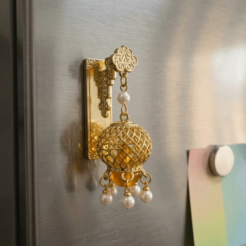 3D Glowing Lantern Fridge Magnet Retro Openwork Design Hanging Lantern Refrigerator Magnet LED Light with Faux Pearls