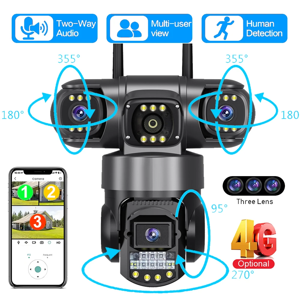 3 Lens Home Surveillance Cameras 4G Sim Card Local Wireless Security Protection 12MP HD Night Vision Smart Home Security CCTV