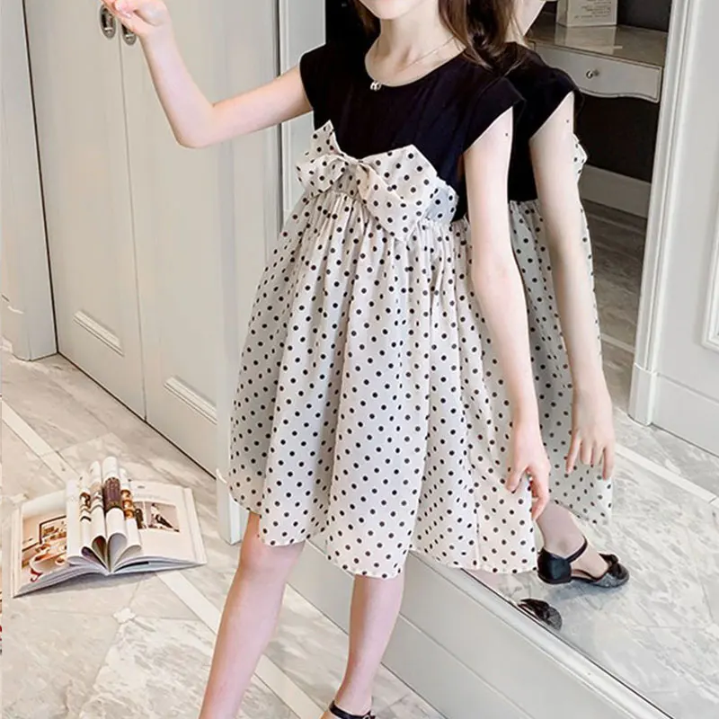 Elegant Fashion Harajuku Slim Fit Children Clothes Loose Casual All Match Princess Skirt O Neck Wave Point Short Sleeve Dresses