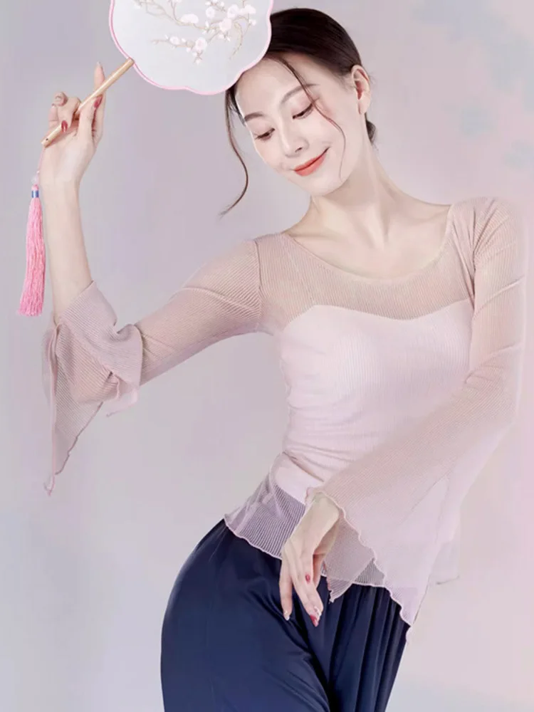 Blusa de malha com gola redonda de cor sólida com mangas sino e fendas laterais, roupa de dança de manga comprida respirável para performance