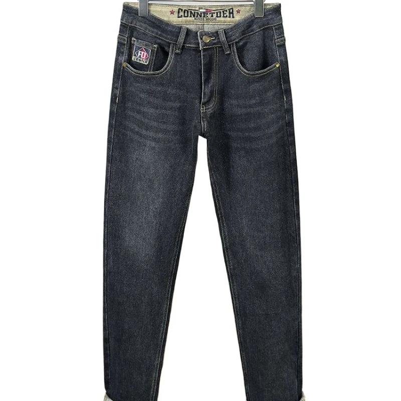 Celana Jeans Denim Pria Gaya Punk Koboi Klasik Streetwear Musim Gugur Musim Dingin Stretch Slim Fit Korea Kasual