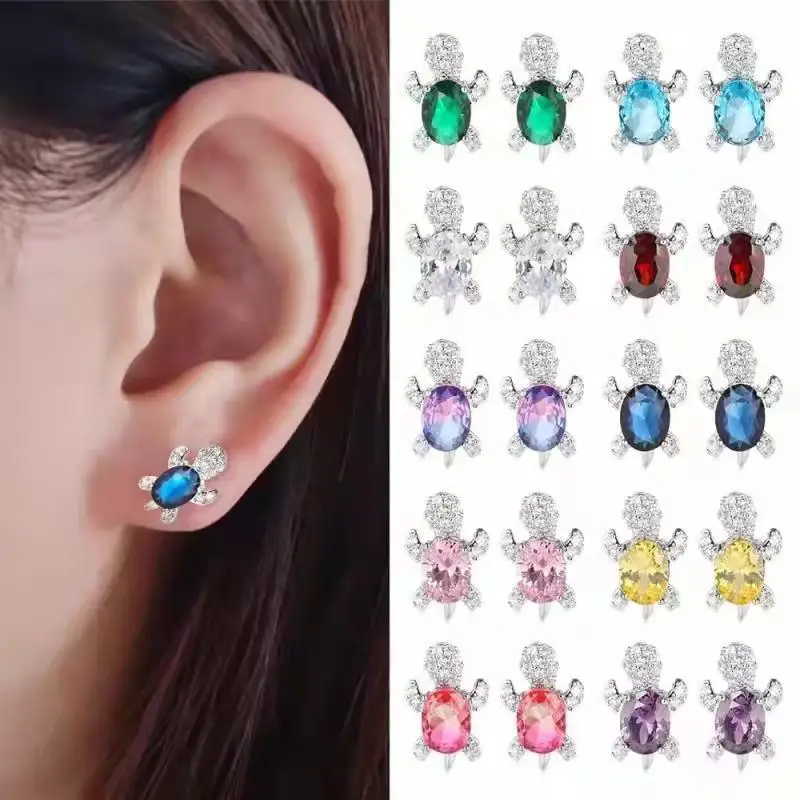 

Cute mini turtle colored zircon turtle shell earrings, fashionable and exquisite animal turtle Stud earrings