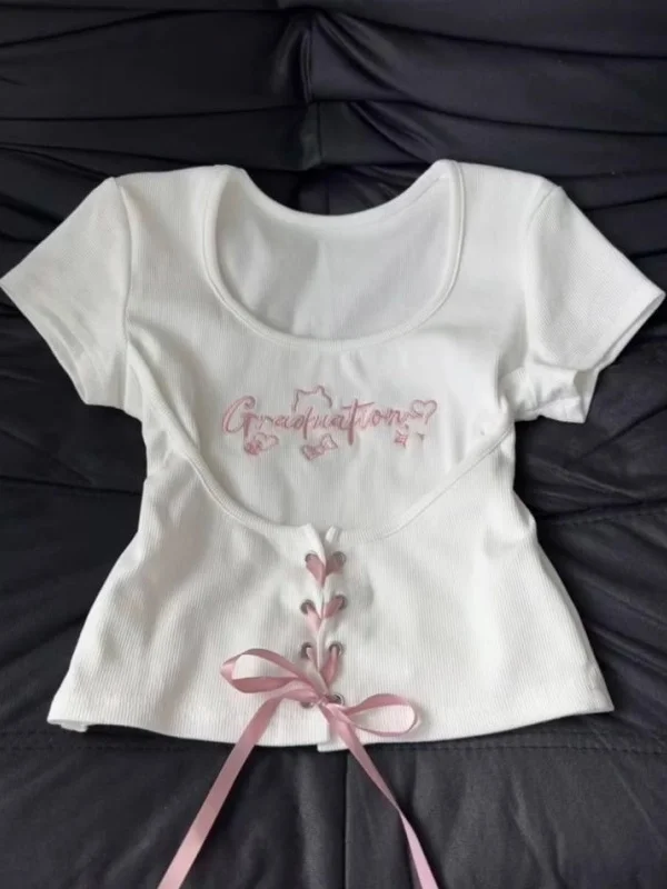 

Outlet Korean Style Knot Short Sleeve T-Shirt Women's Anti-Aging High-End Feeling Small Top Slimming Effect