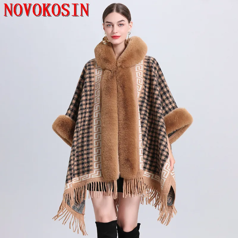 

3 Colors Women Long Tassel Loose Cape Big Pendulum Printed Cardigan Winter Cloak Warm Thick Coat With Faux Fox Fur Hat Poncho