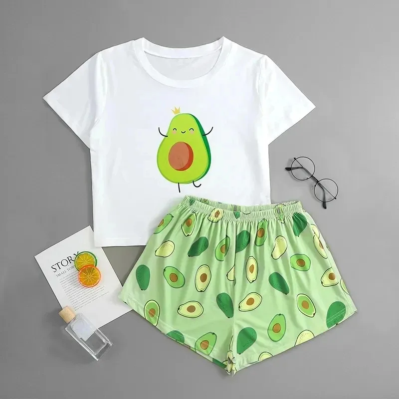 Avocado Print Pajamas Suits Women Shorts Sleepwear Summer Ladies Pajamas Set Short Sleeve T-Shirt Round Neck Shorts Outdoor Wear