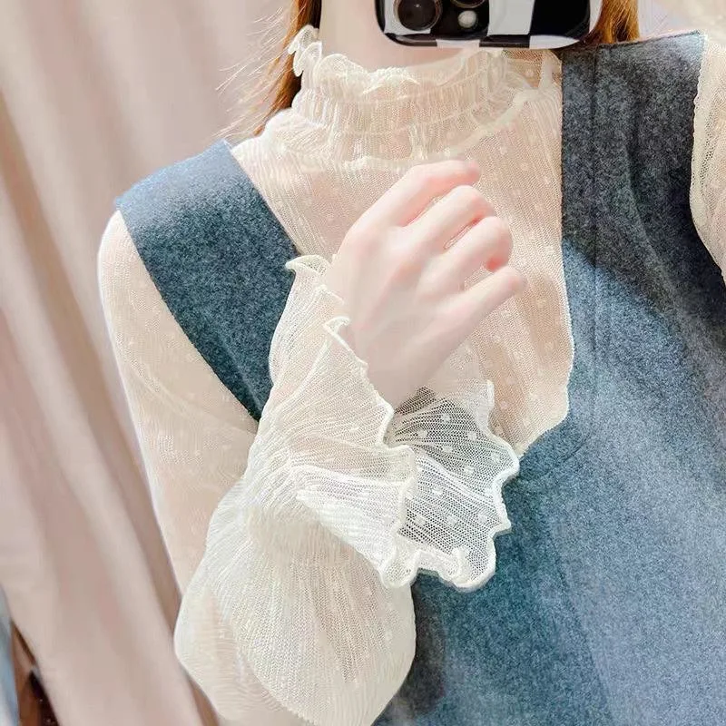 Sexy Women T Shirt See Through Mesh Blouses Long Sleeve Bottoming Shirts Turtleneck Spring Summer Sunscreen Tops Punk Club Tees