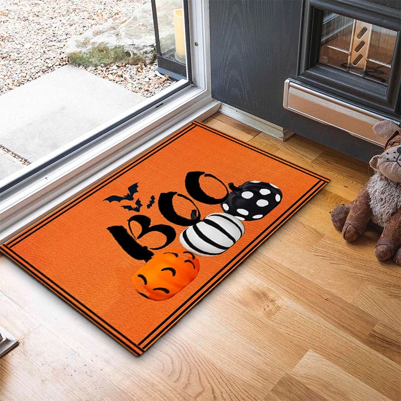 Halloween Kürbis Teppich Matte BOO! Text Teppich Vintage Truck Ghost Bats Gruselige rutschfeste Heimdekoration Orange Beige Fußmatten