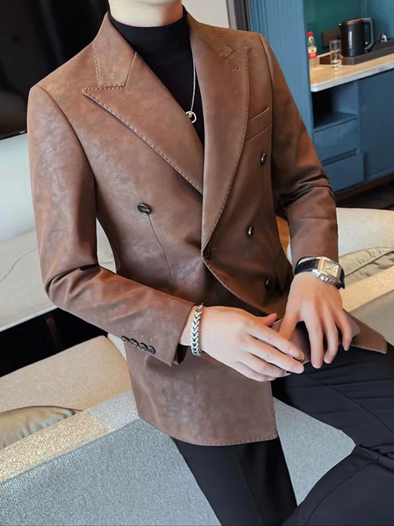 CY222 Leather Men Korean Business Casual British Double-breasted Suit Jacket Free Ironing Slim Body Fat Handsome Velvet Blazer