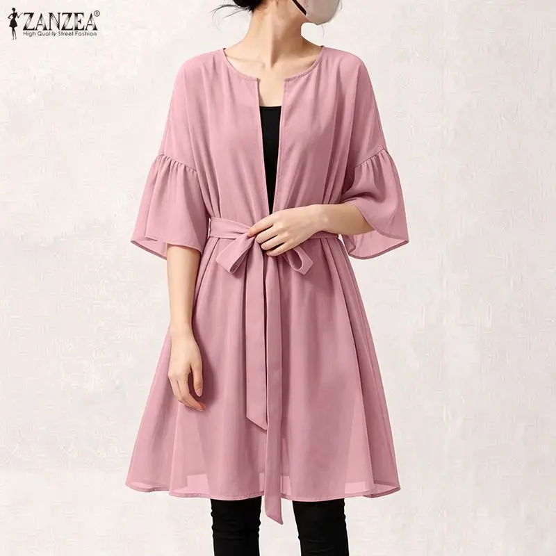 ZANZEA Women Chiffon Cardigan 3/4 Flare Sleeve Lace-Up Tops Kimono Elegant Casual Holiday Beach Cover Up Solid Summer Outerwear