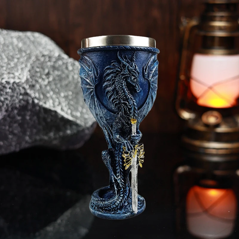 Blue Dragon Goblet Stainless Steel Dungeons And Dragons Gift Chalice Wine Goblet 7 Oz. (Blue Sword Dragon)