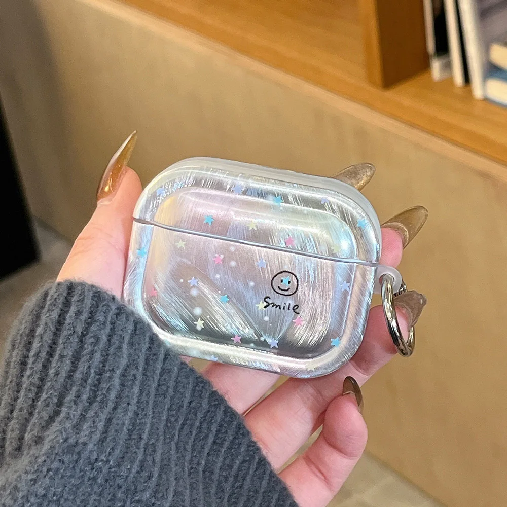 Stella colorata Volto sorridente Laser Argento Custodia morbida per auricolari per AirPods 4 Nuova copertura protettiva per AirPods 2 3 Pro 2 Shell Coque