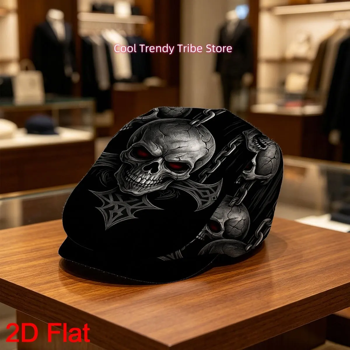 1pc 2D Flat with Chained Skulls Dark Gothic Art Print Gatsby Cap Ivy Cap Flat-Top Hat Adjustable Flat Cap Non-Stretch Fabric Ver