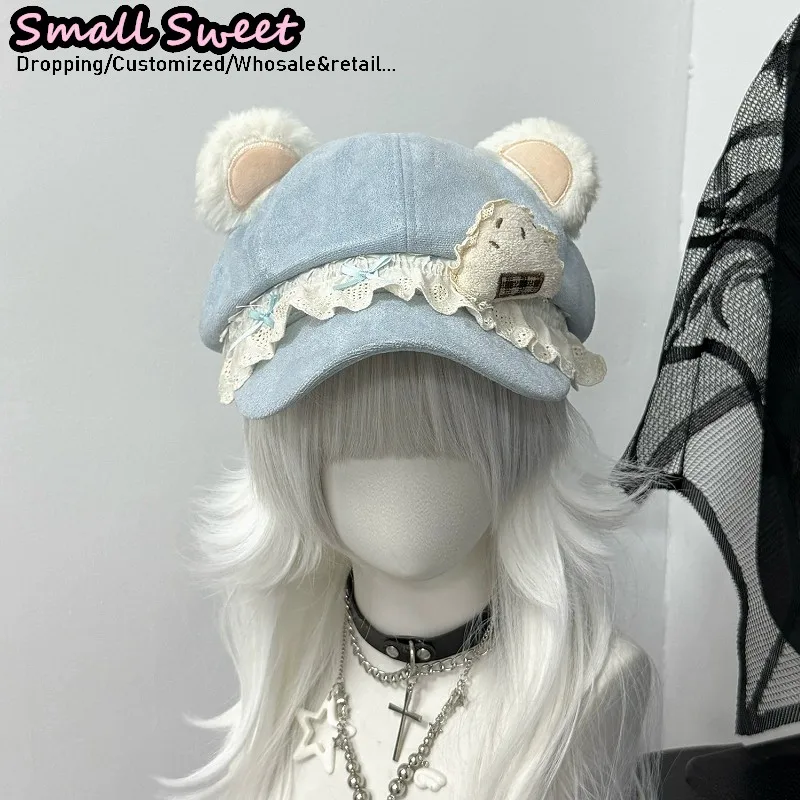 Women Gothic Lolita Beret Yami Kawaii Girl Bear Ear Octagonal Cap Landmine-kei Girl Alternative Fashion Lace Ruffle Hat Necklace