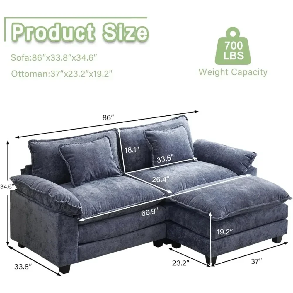 Sectional Sofa Comfy Cloud Couch for Living Room with Pillows, Modern Chenille Sofa Sleeper Deep Couches with Ottoman