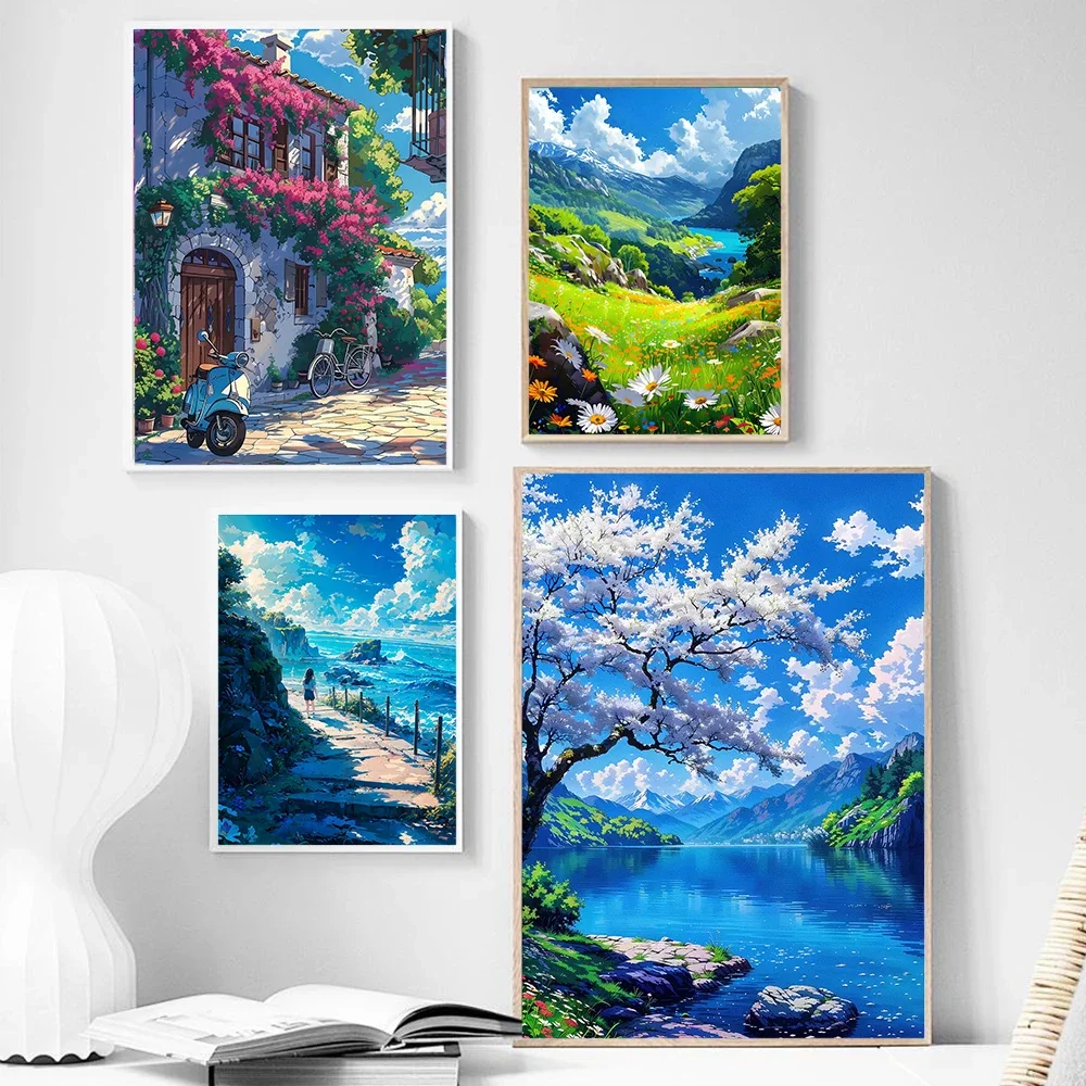 1pc frameless Canvas Painting Fresh and Healing Seaside Town Landscape Art Poster Canvas Printing Seaside Villa Hotel Homestay H
