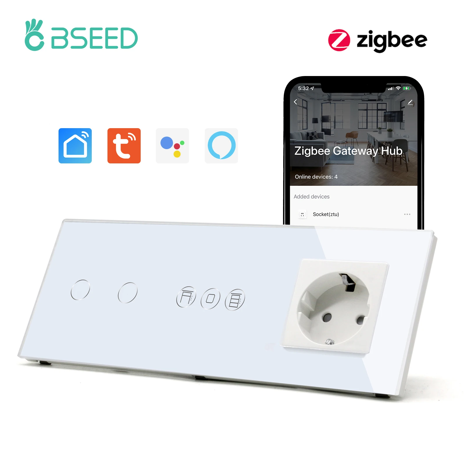 BSEED Zigbee Smart Jalousien Schalter Elektrische Rollladen Schalter Mit EU Buchse USB Typ-C Ports Tuya Alexa Smart leben App 9