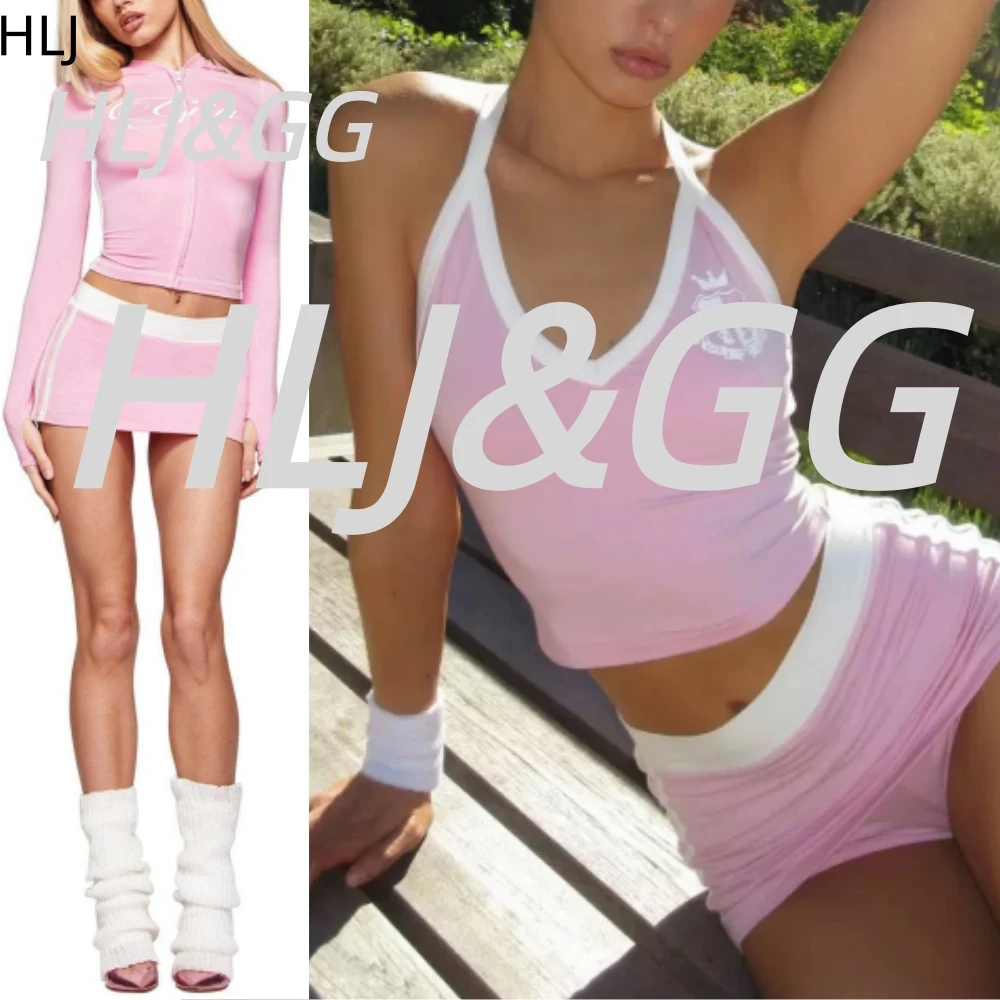 

HLJ Pink Fashion Letter Hooded Mini Skirts Two Piece Sets Women Zip Long Sleeve Slim Crop Top And Skirts Outfits Streetwear BR
