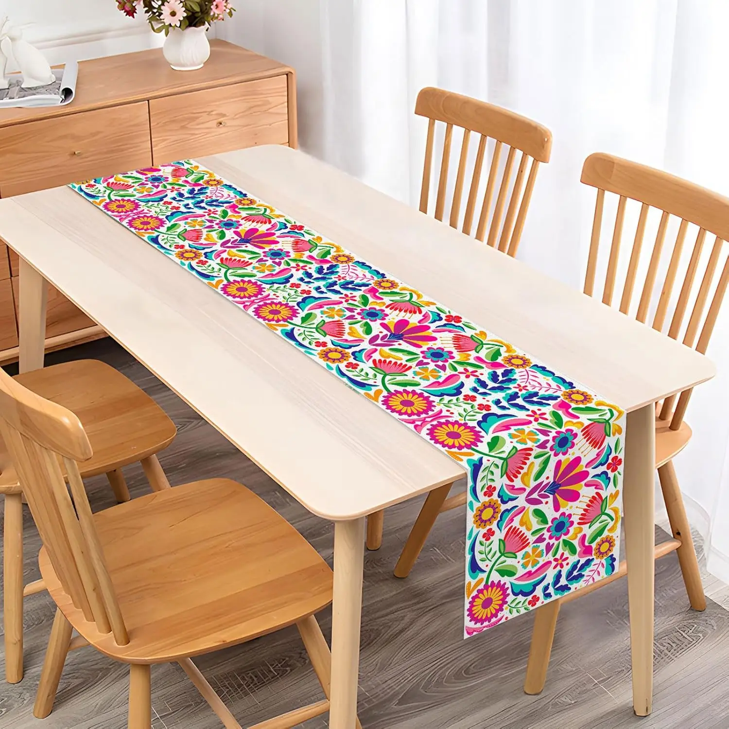 Mexican Floral Linen Table Runner Cinco De Mayo Mexico Let's Fiesta Party Decoration Dining Room Home Kitchen Table Decorations