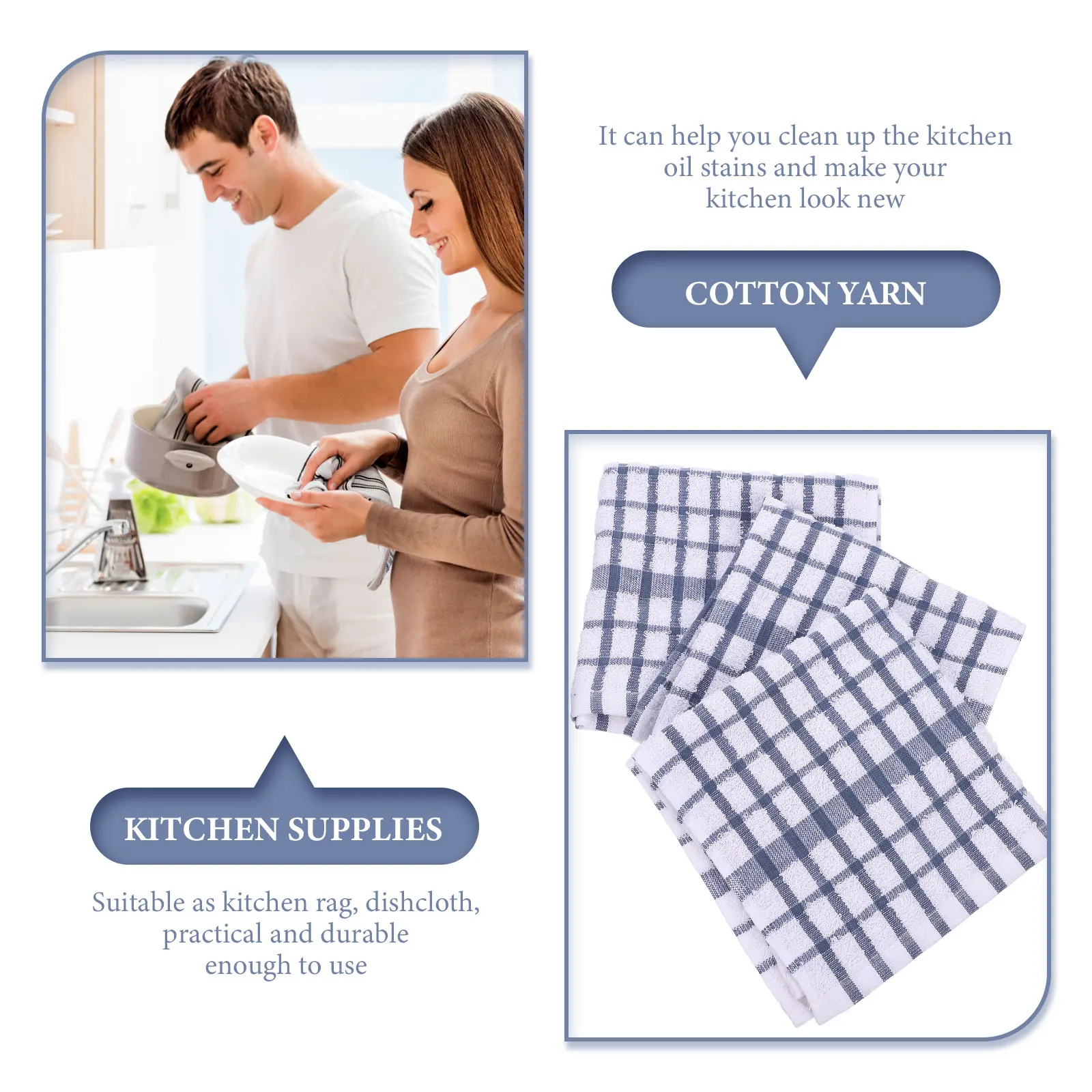 

3pcs Cotton Yarn Dish Towels Supple Water Absorbent Cleaning Cloths Kitchen Dishcloths Multi-Use Wiping Rags For Tablesware