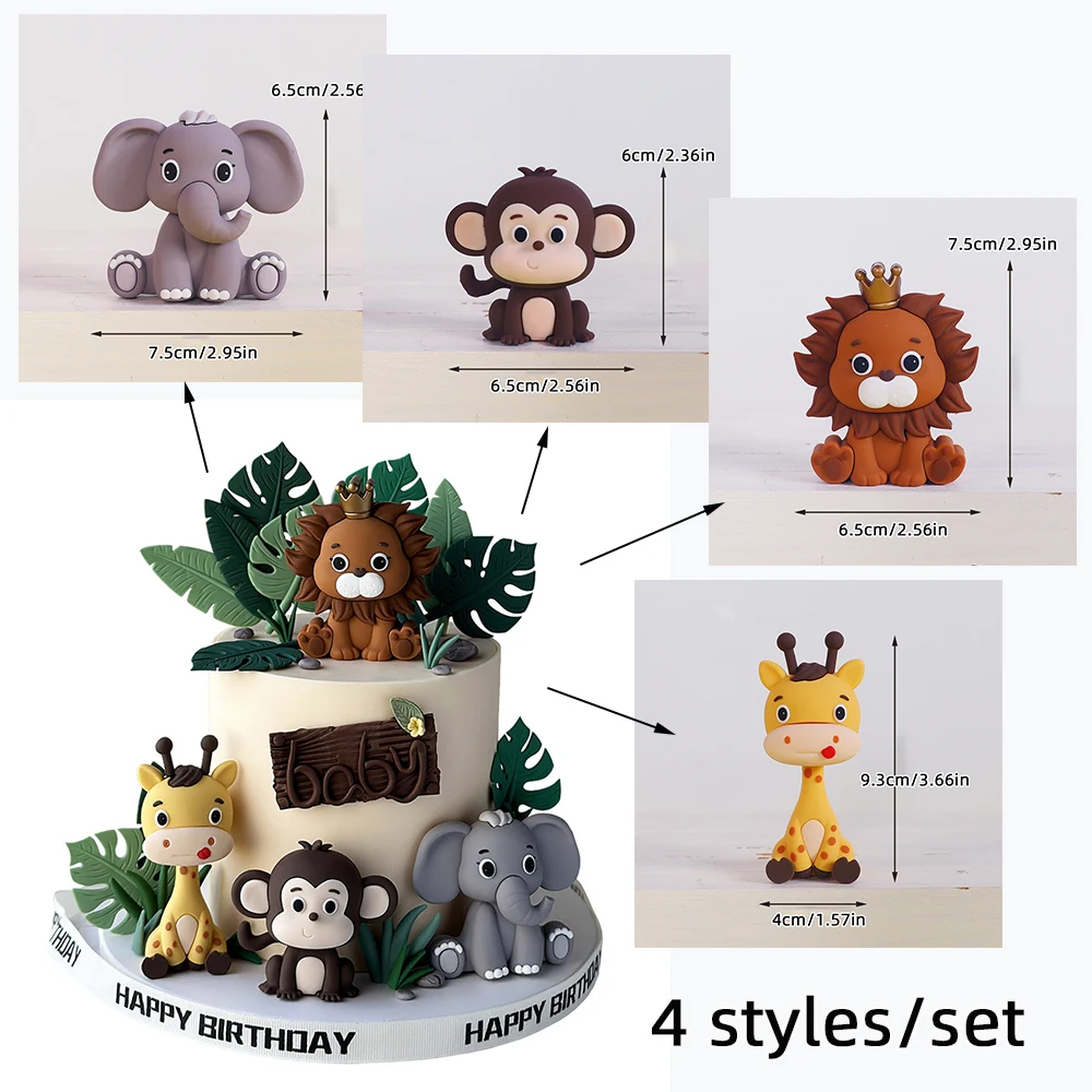 Woodland Animals Cake Decor Cartoon Lion Giraffe Elephant Monkey Turtle Leaves Cake Topper Happy Jungle Safari Birthday Party De