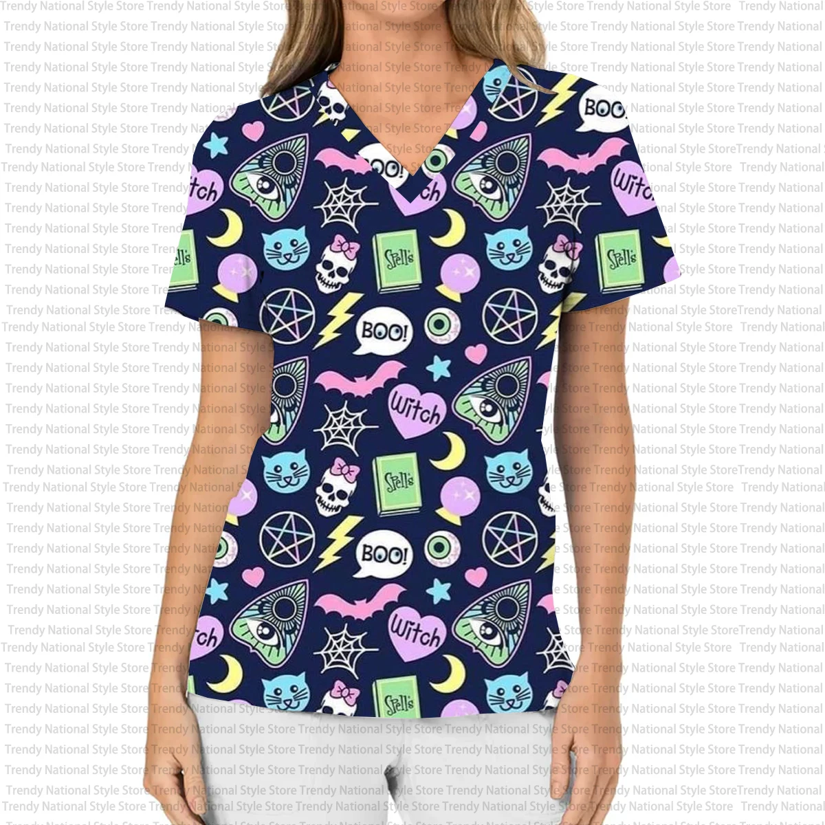 Halloween Nightmare Before Christmas Jack & Sally Print Women's T-shirt V-neck Pocket Scrub Top Dental Beauty Salon Pet Shop Top