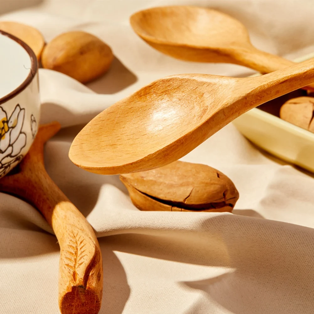 The New 5 Pcs Japanese Style Beech Spoons,Branch Shape Long Handle Scoop,Coffee Stirring Spoon,Tableware