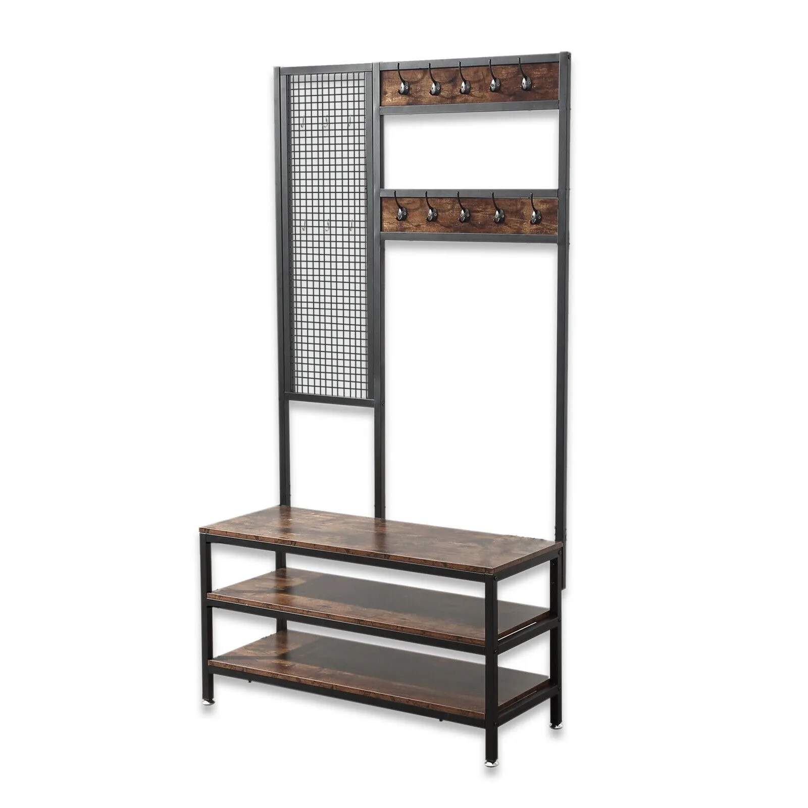 Hall Tree Grid Wall Coat Rack Shoe Bench Wood - Entryway Storage Shelf Organizer Stany Zjednoczone