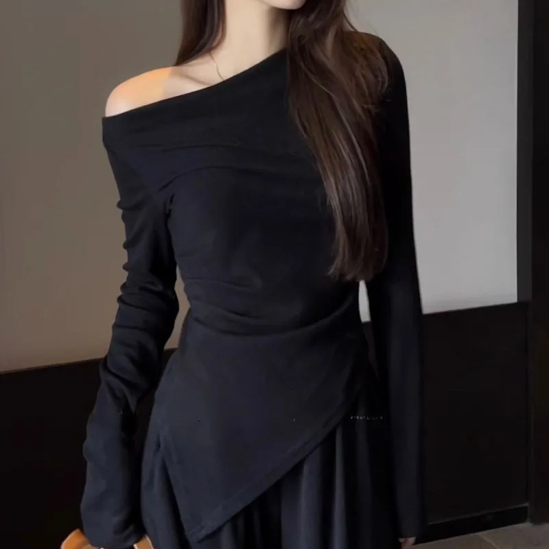 Long Sleeve T-shirts Women Gentle Slash Neck Pure Off Shoulder Basic Irregular Tops Folds Popular Tender Female Ulzzang Ins