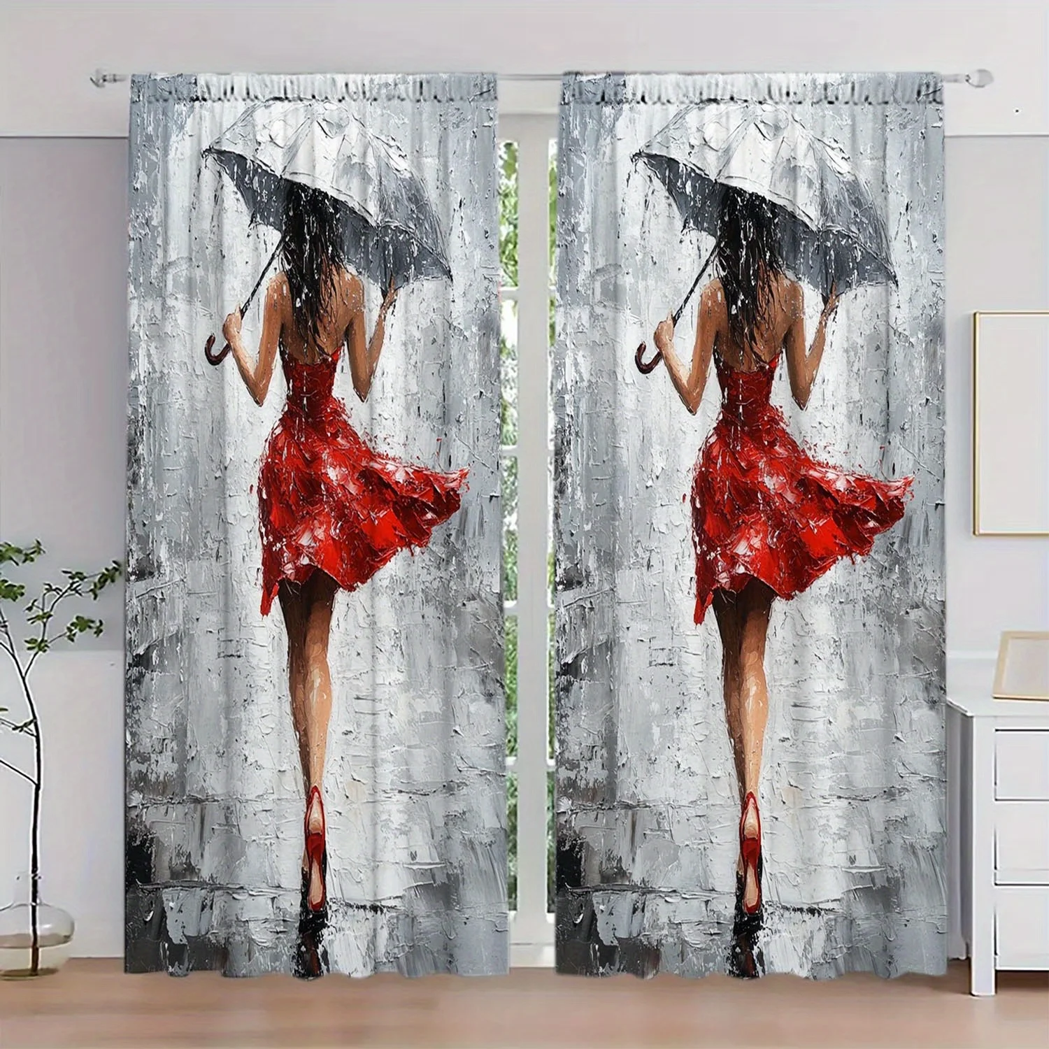 Red Dress Girl Umbrella Curtains, Oil Painting Style Drapes, Fashion Lady Window Treatment Living Room Home Decor