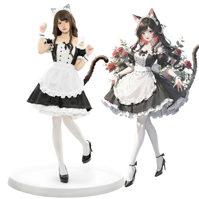 Vestido de sirvienta francesa con tocado de Lolita, gato japonés blanco y negro, vestido de promoción para fiesta de cumpleaños, novedad de 2023