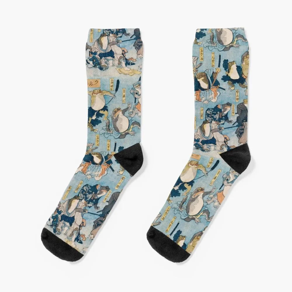 Japanese Samurai Frogs Vintage Illustration, Cute Goblincore Aesthetic, Japan Ninja Warrior Toads, Asian Culture Famous He Socks