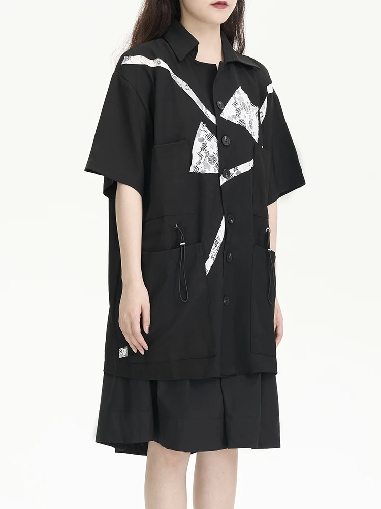 

Женская рубашка с кружевными вставками и утягивающим эффектом на талии, летняя новинка, короткий рукав, воротник, миди-длина, охлаждающая, повседневная