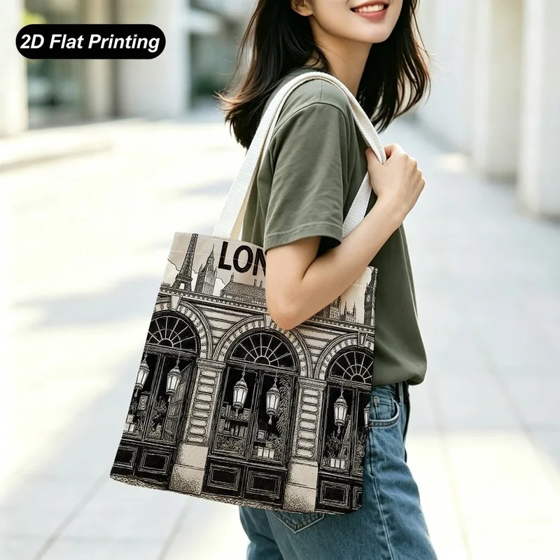 1PC【Tote Bag】2DFlat effect，Vintage European and American Architectural Print Tote Bag，Large capacity and durable，Adapted sho
