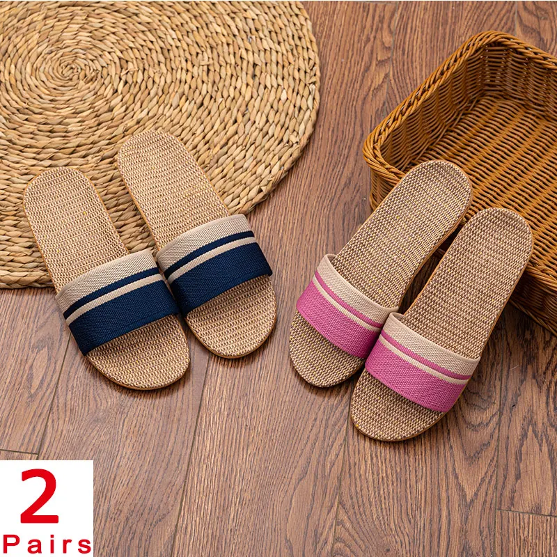 2 Pairs Summer Linen Slippers Women Men EVA Lightweight Casual Flat Sandals Home Soft Fashion Slippers For Home Free Shipping