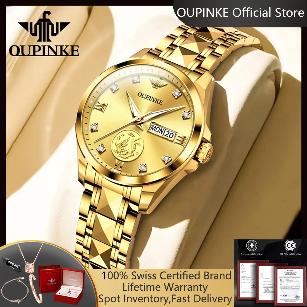 OUPINKE 3259 Automatic Mechanical Watches for Women Ladies Hand Clock Original Luxury Tungsten Steel Strap Real Gold Woman Watch